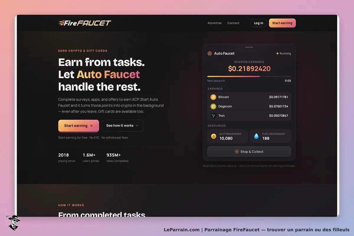 FireFaucet : page d'accueil avec options de gains et informations sur le système Auto Faucet
