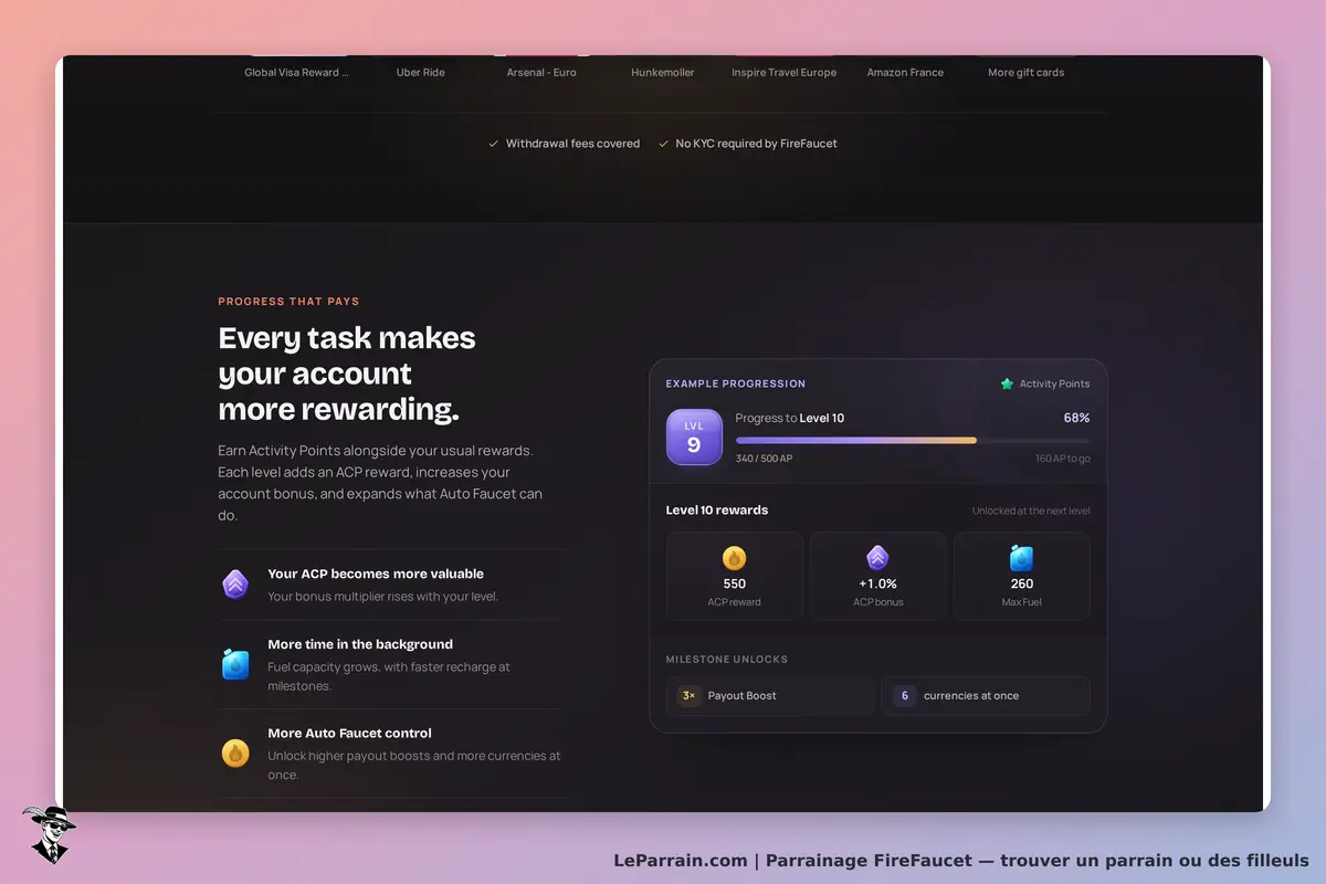 FireFaucet : page d'accueil avec informations sur la progression et les récompenses du compte