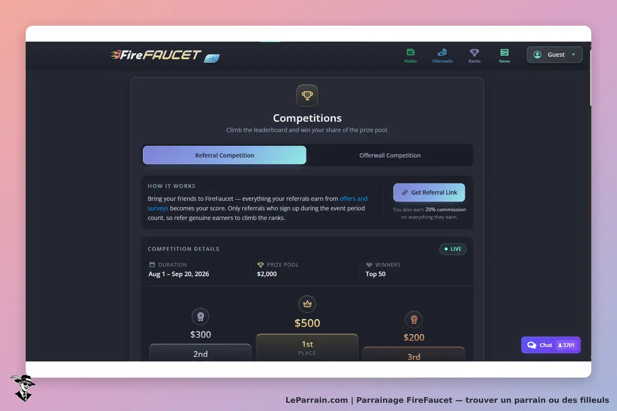 FireFaucet : page des compétitions avec détails sur les classements et les prix à gagner