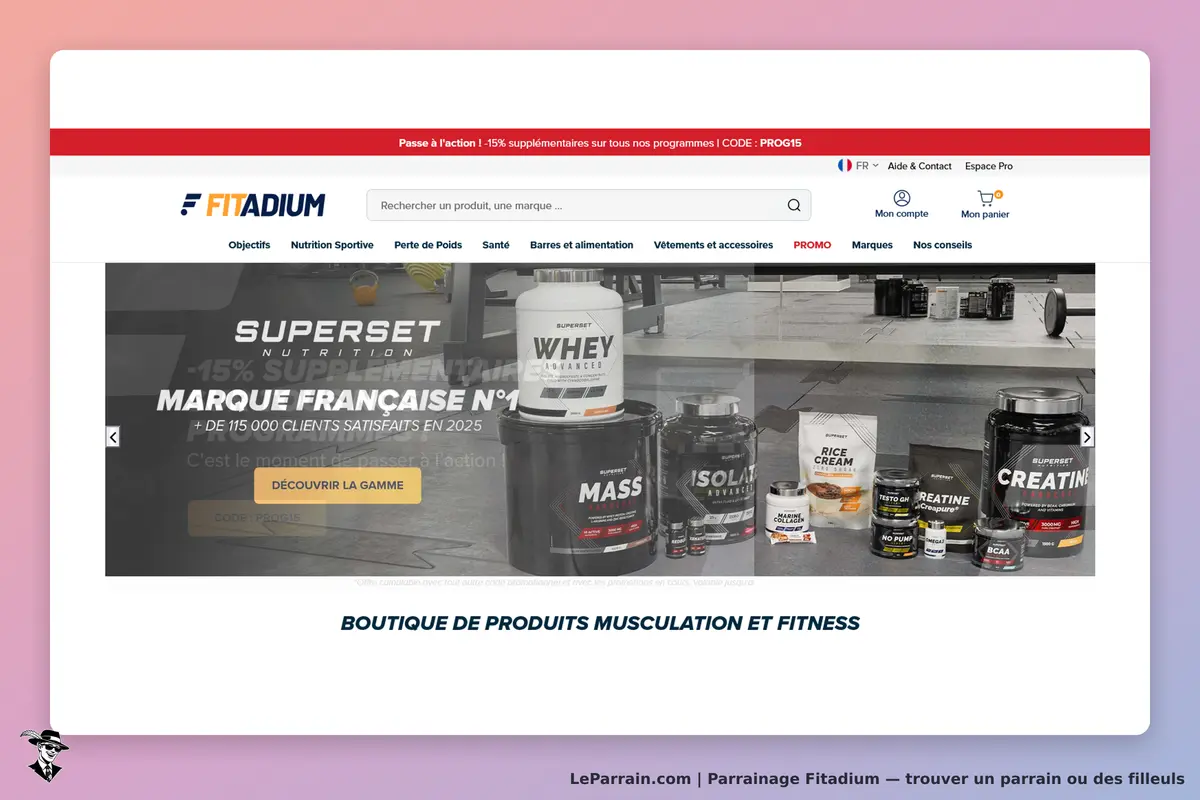 Fitadium : page d'accueil avec divers produits de nutrition sportive affichés