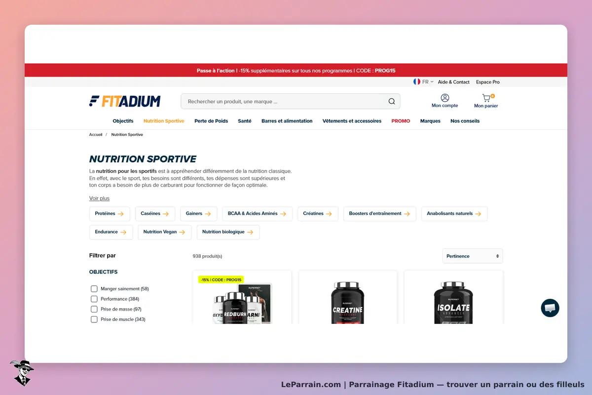 Fitadium : page d'accueil dédiée à la nutrition sportive avec produits et filtres visibles