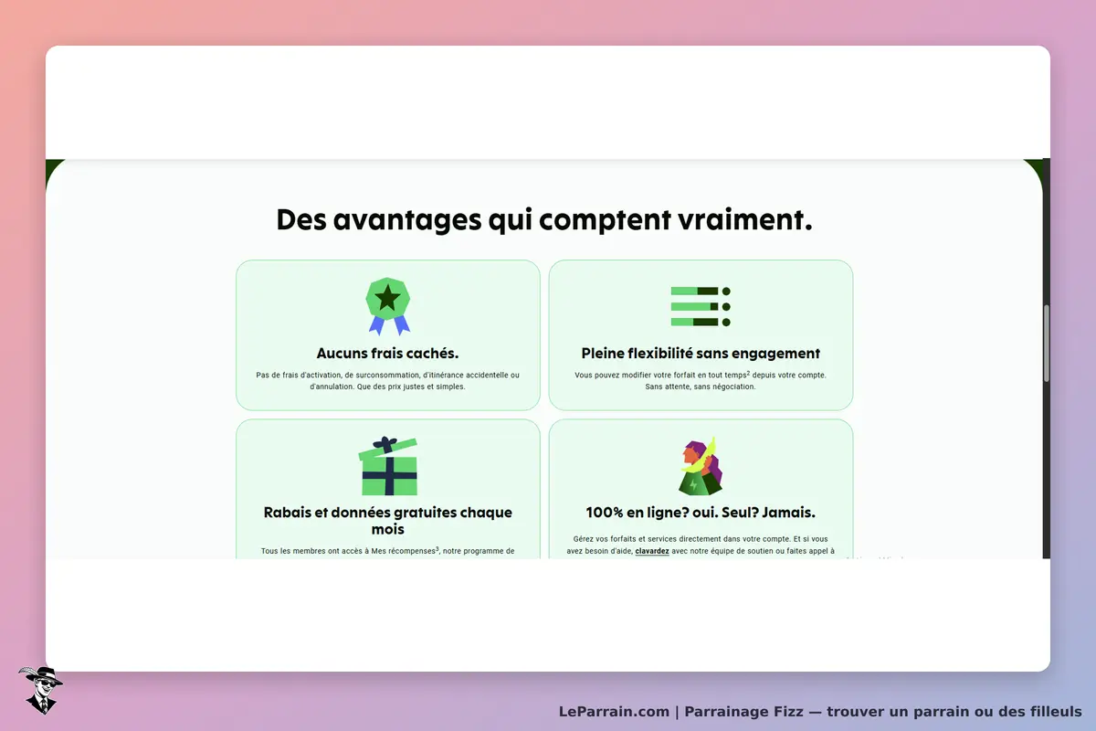 Fizz : quatre avantages affichés sur un fond clair, avec des icônes colorées