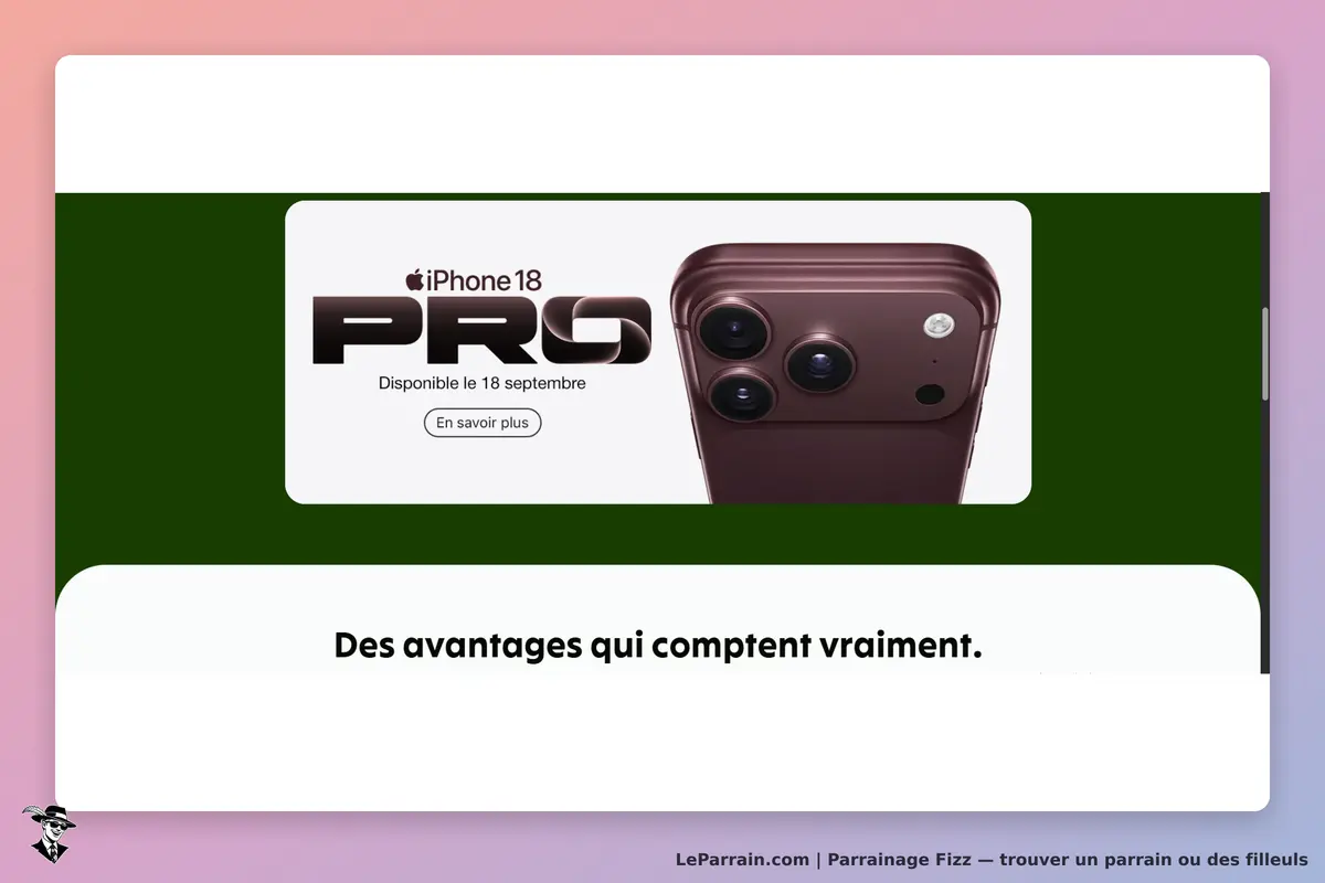 Fizz : promotion de l'iPhone 18 Pro avec image et date de disponibilité. Texte en dessous