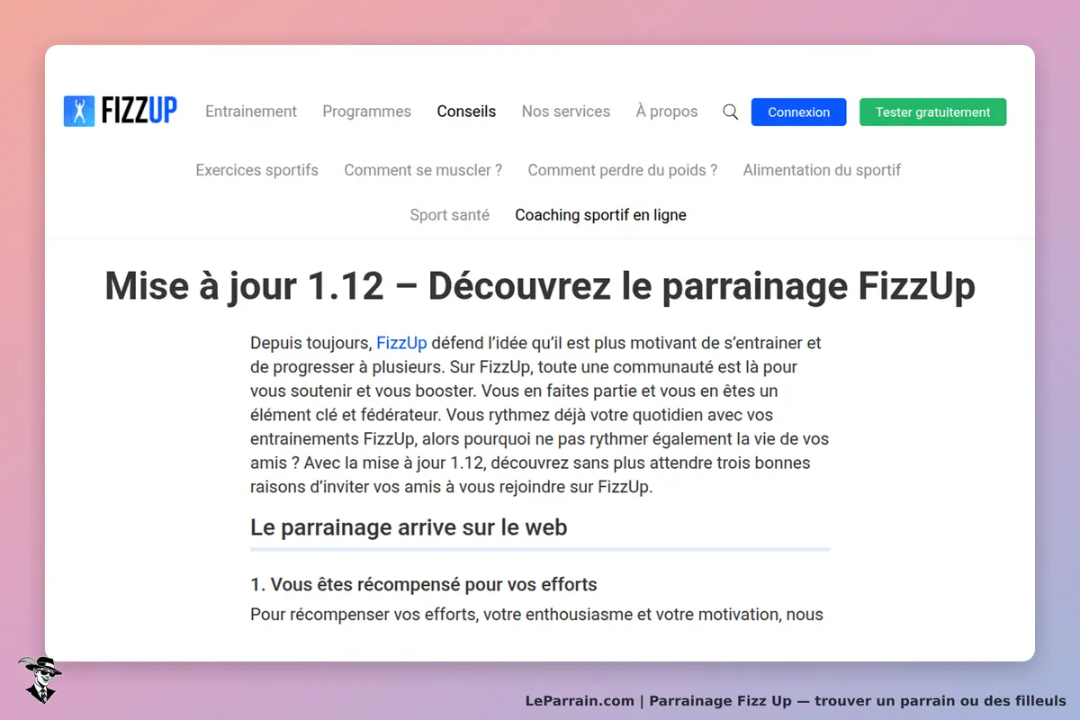 Fizz Up : page d'accueil avec mise à jour sur le parrainage et texte explicatif