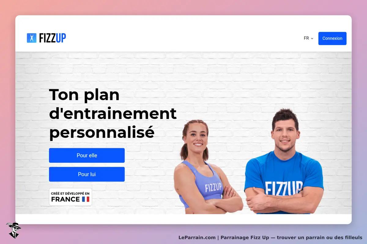Fizz Up : page d'accueil avec deux personnes souriantes et options d'entraînement personnalisées