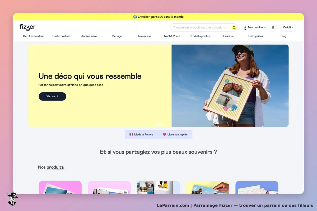 Fizzer : page d'accueil présentant une femme avec un cadre photo et un message d'invitation