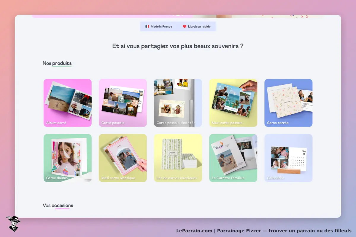 Fizzer : page d'accueil avec différents produits personnalisés pour partager des souvenirs