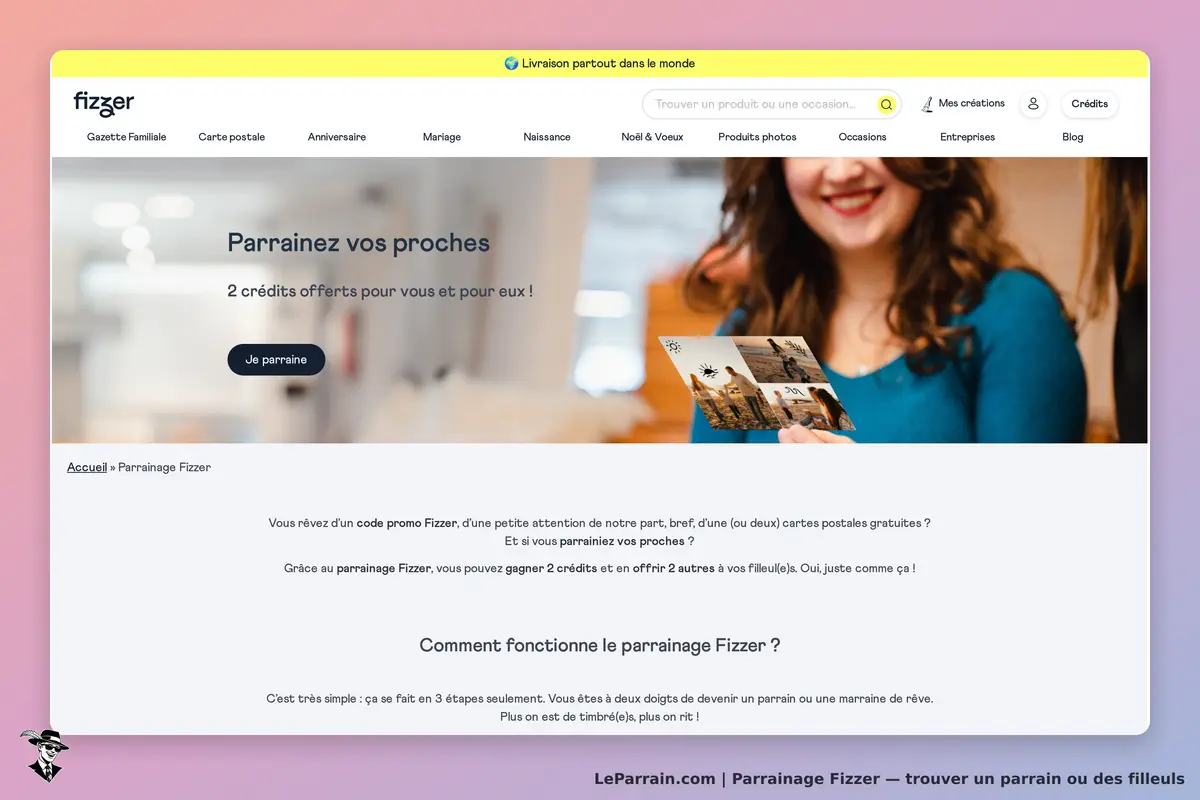 Fizzer : page d'accueil avec un message sur le parrainage et une image d'une personne souriante