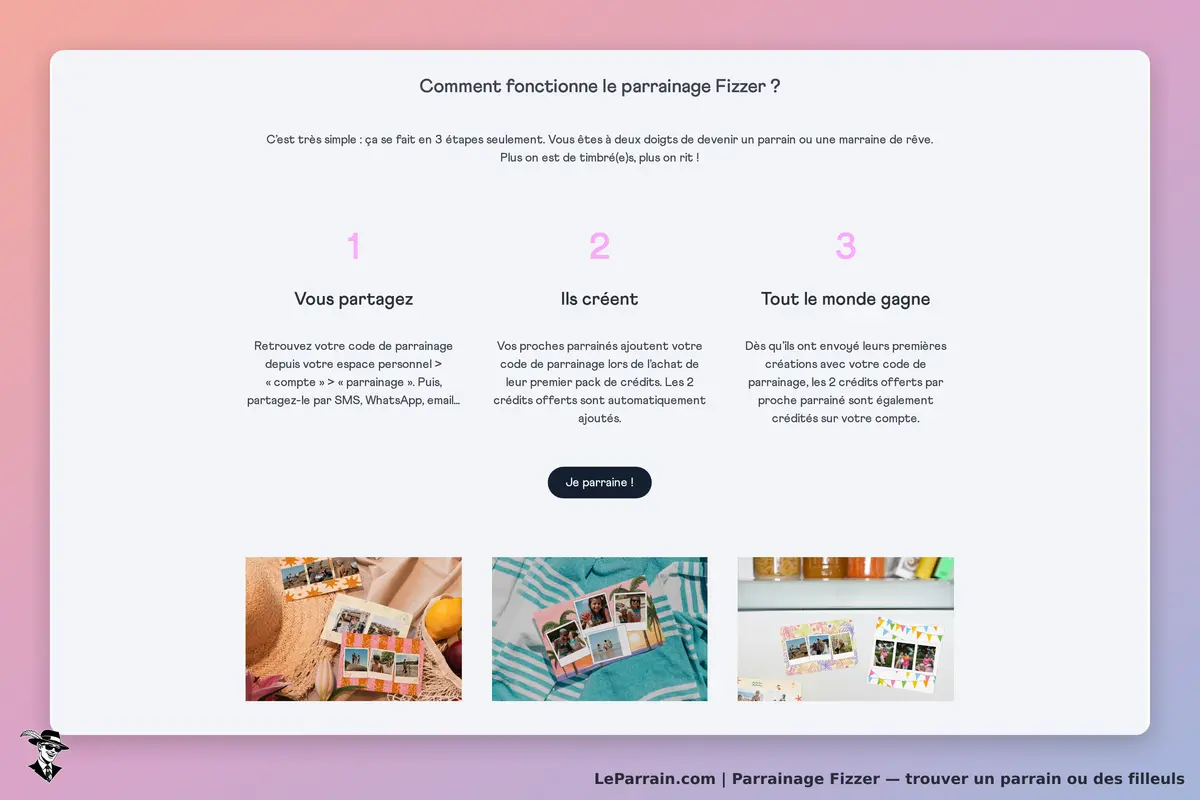 Fizzer : explication en trois étapes du fonctionnement du parrainage avec des illustrations