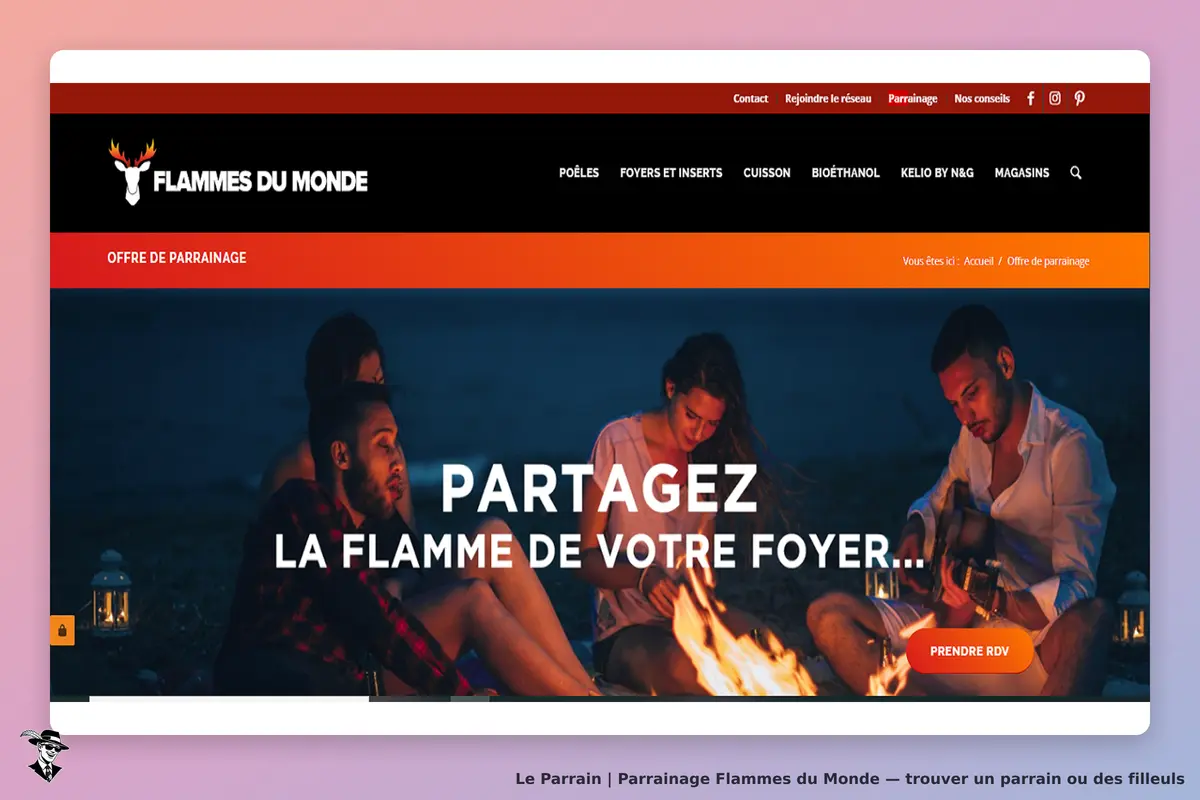 Flammes du Monde : page d'accueil avec des personnes autour d'un feu de camp, ambiance conviviale