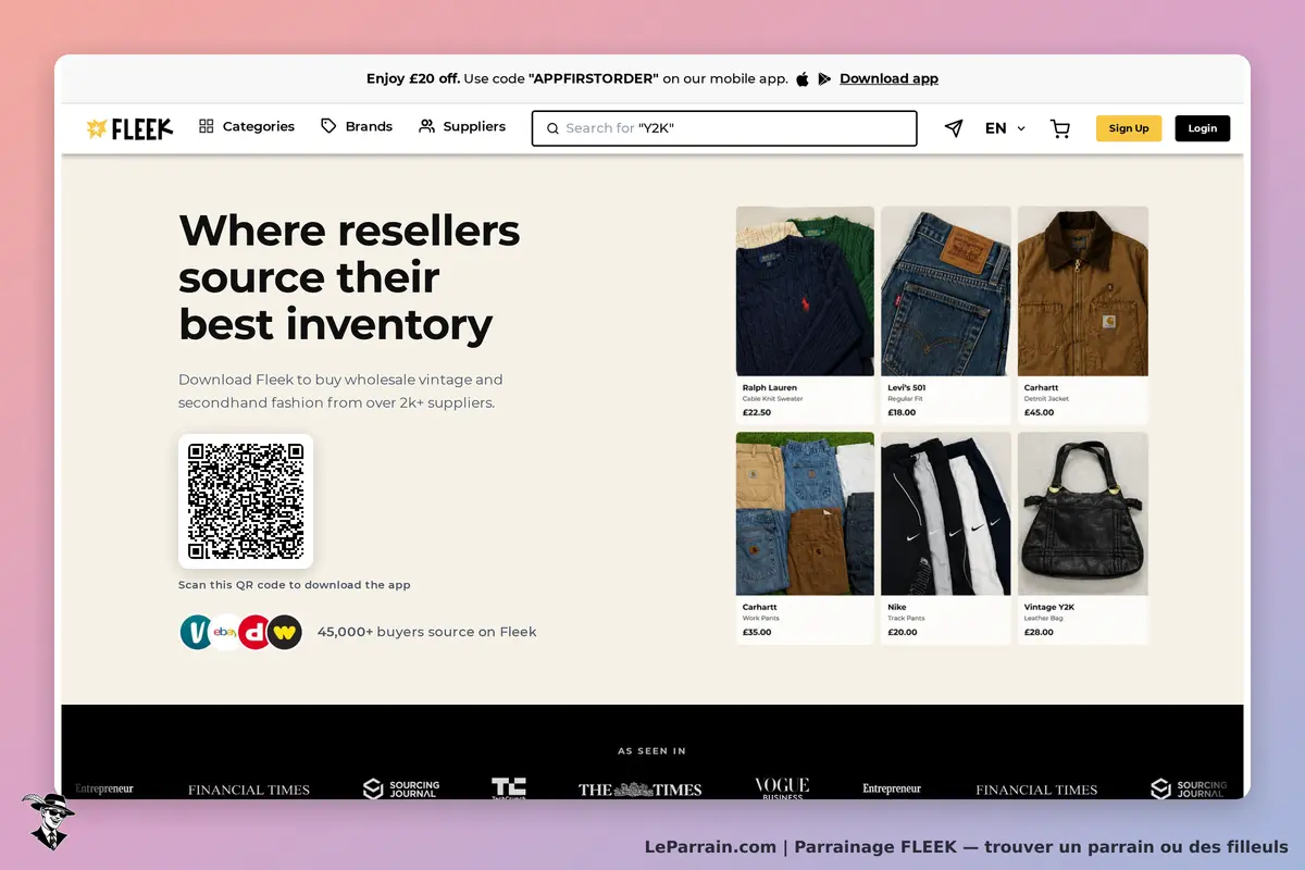 FLEEK : page d'accueil avec produits de mode vintage et code QR pour télécharger l'application