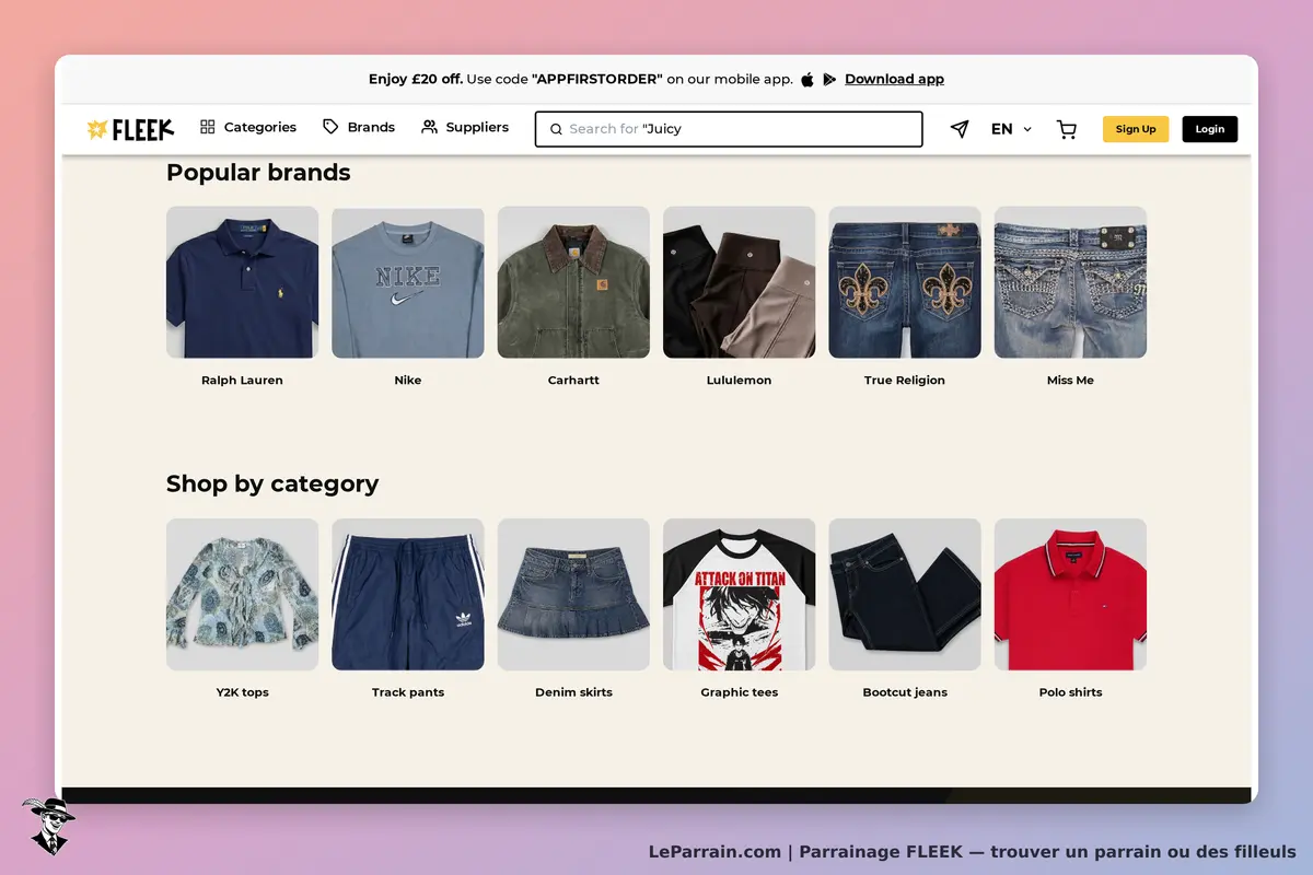 FLEEK : page d'accueil avec marques populaires et catégories de vêtements affichées