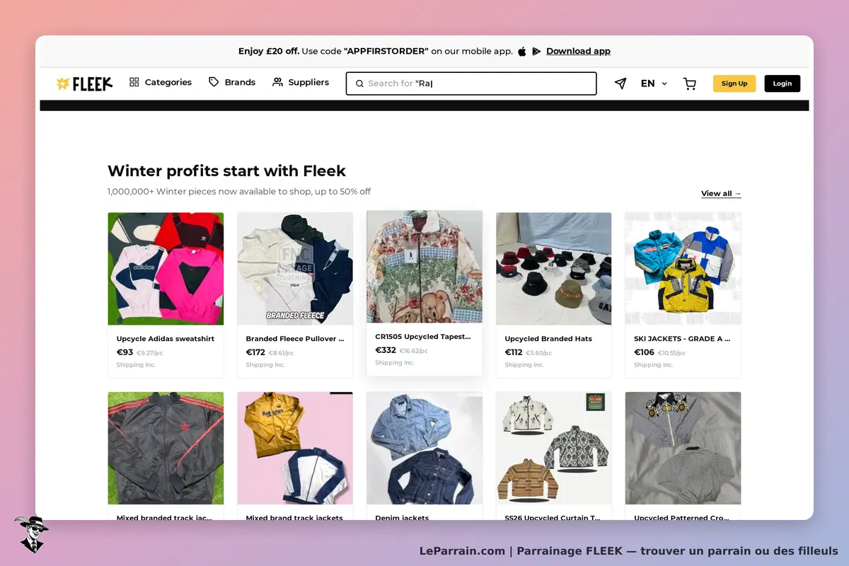 FLEEK : page d'accueil présentant divers vêtements d'hiver et accessoires à la vente