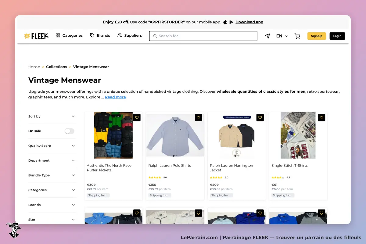 FLEEK : page catégorie "Vintage Menswear" avec divers vêtements pour hommes affichés