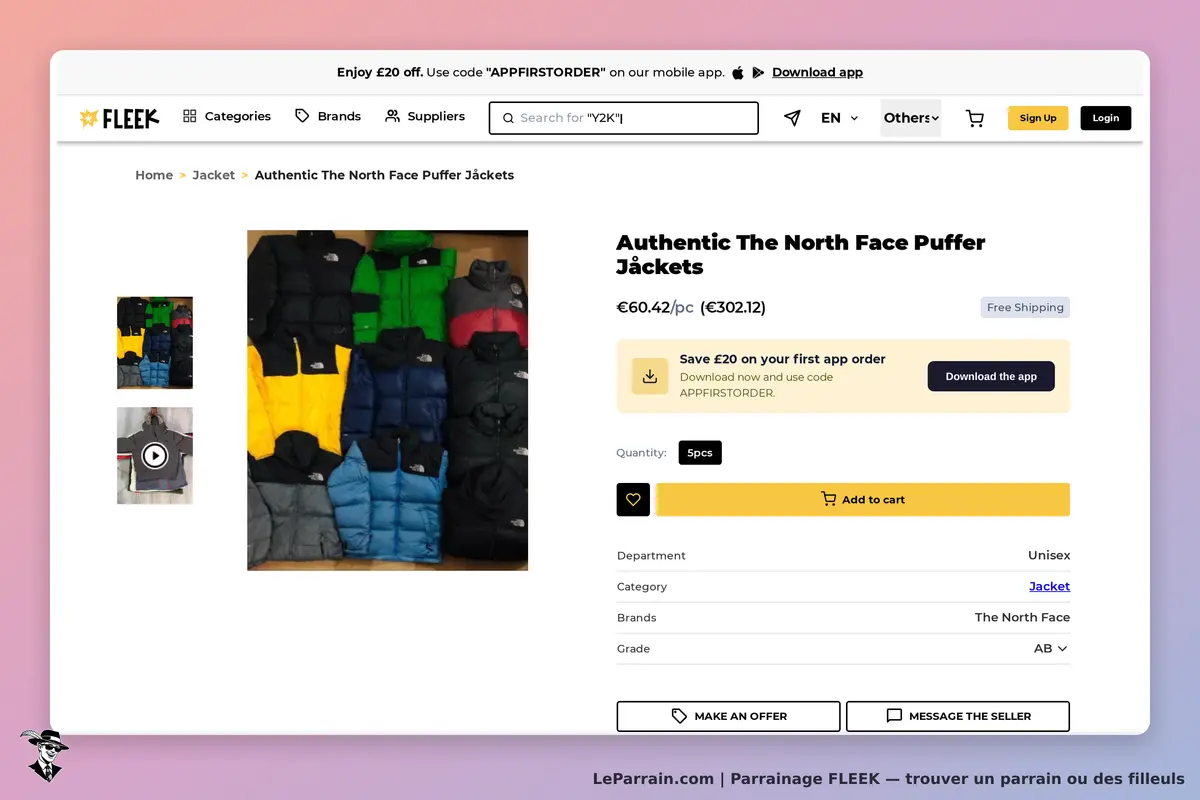 FLEEK : page produit affichant des vestes The North Face de différentes couleurs