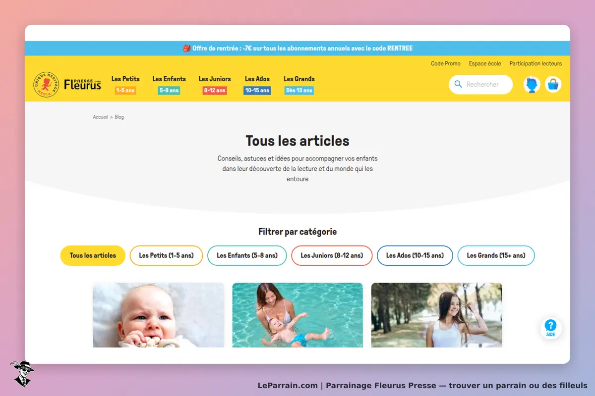 Fleurus Presse : page d'accueil présentant des articles pour enfants avec catégories et images