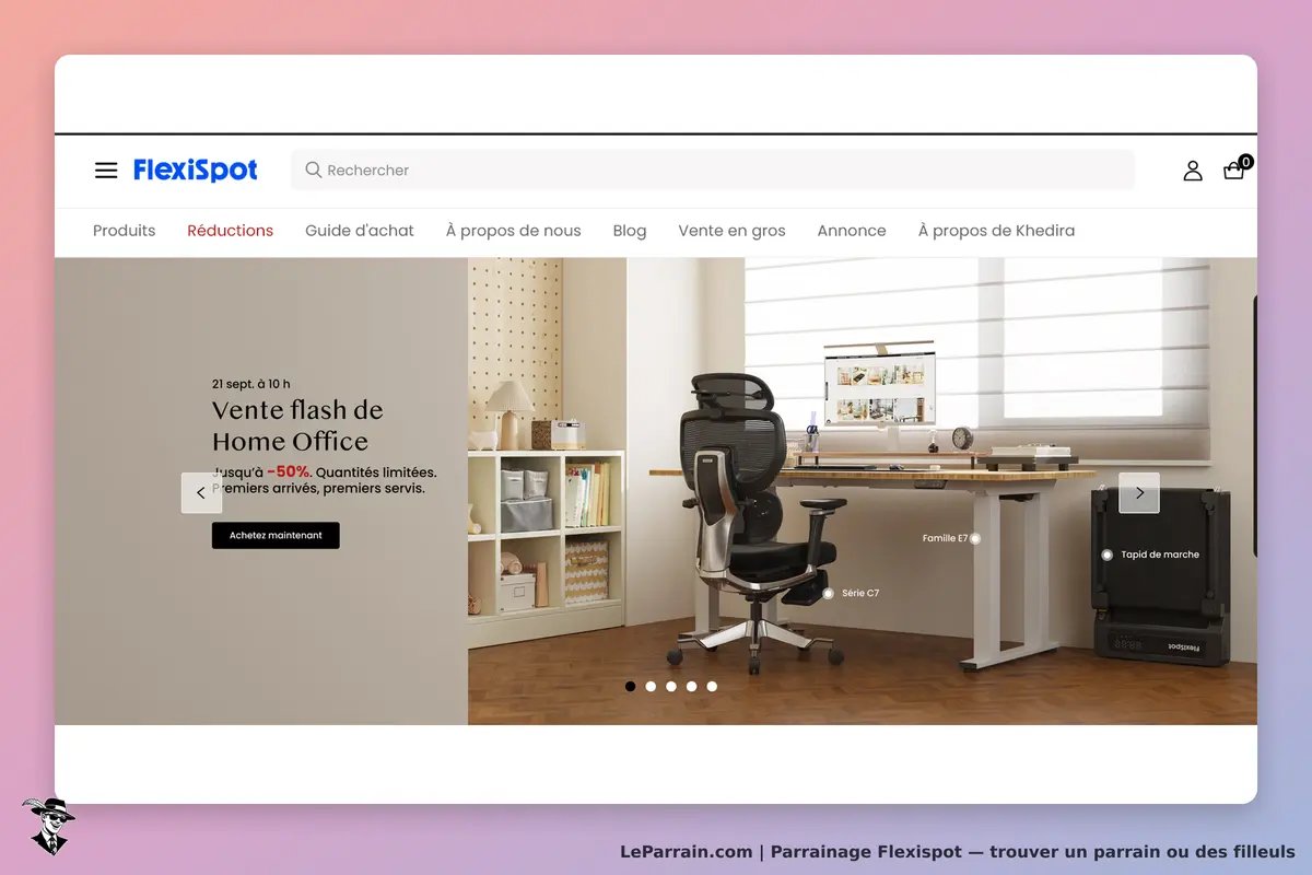 Flexispot : page d'accueil avec un bureau, une chaise ergonomique et des rangements