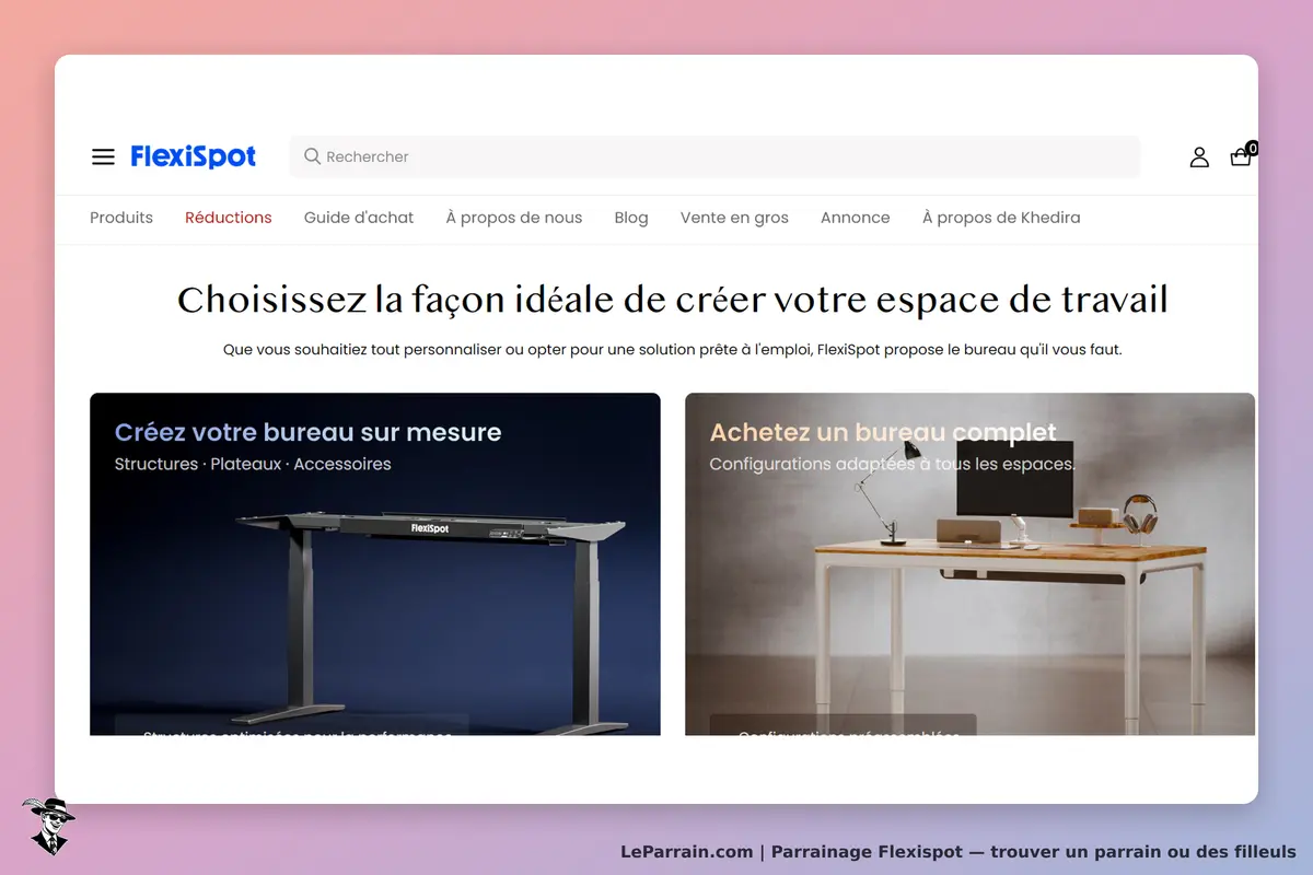FlexiSpot : page d'accueil présentant des bureaux sur mesure et des bureaux complets