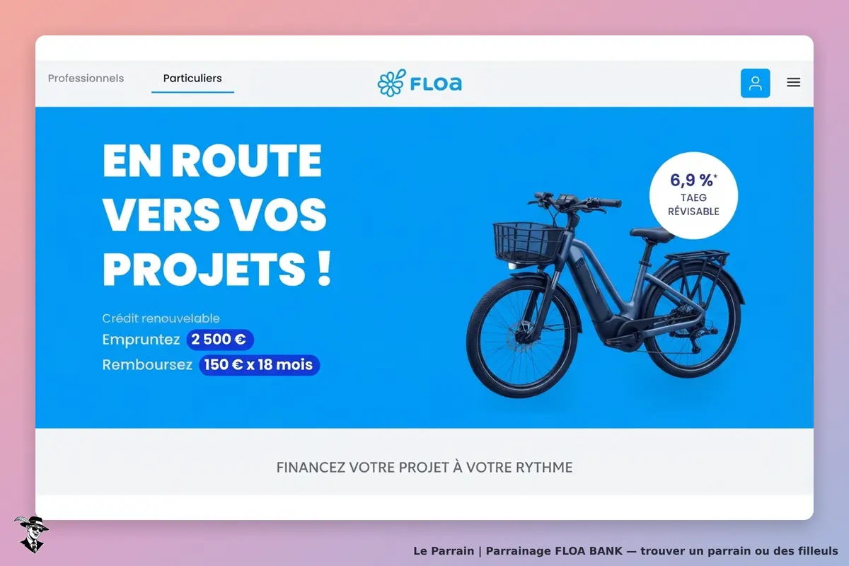 FLOA BANK : fLOA : page d'accueil avec un vélo électrique sur fond bleu et des informations sur un