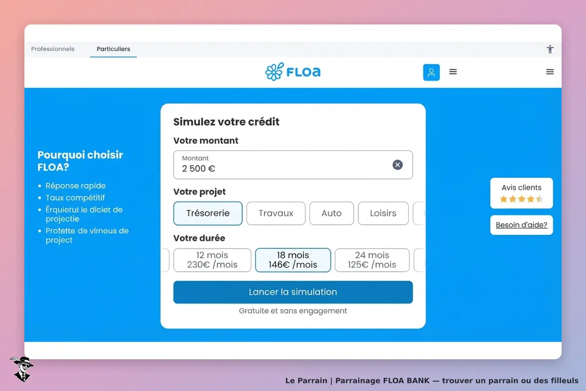 FLOA BANK : fLOA : formulaire de simulation de crédit avec options de projet et durée affichées