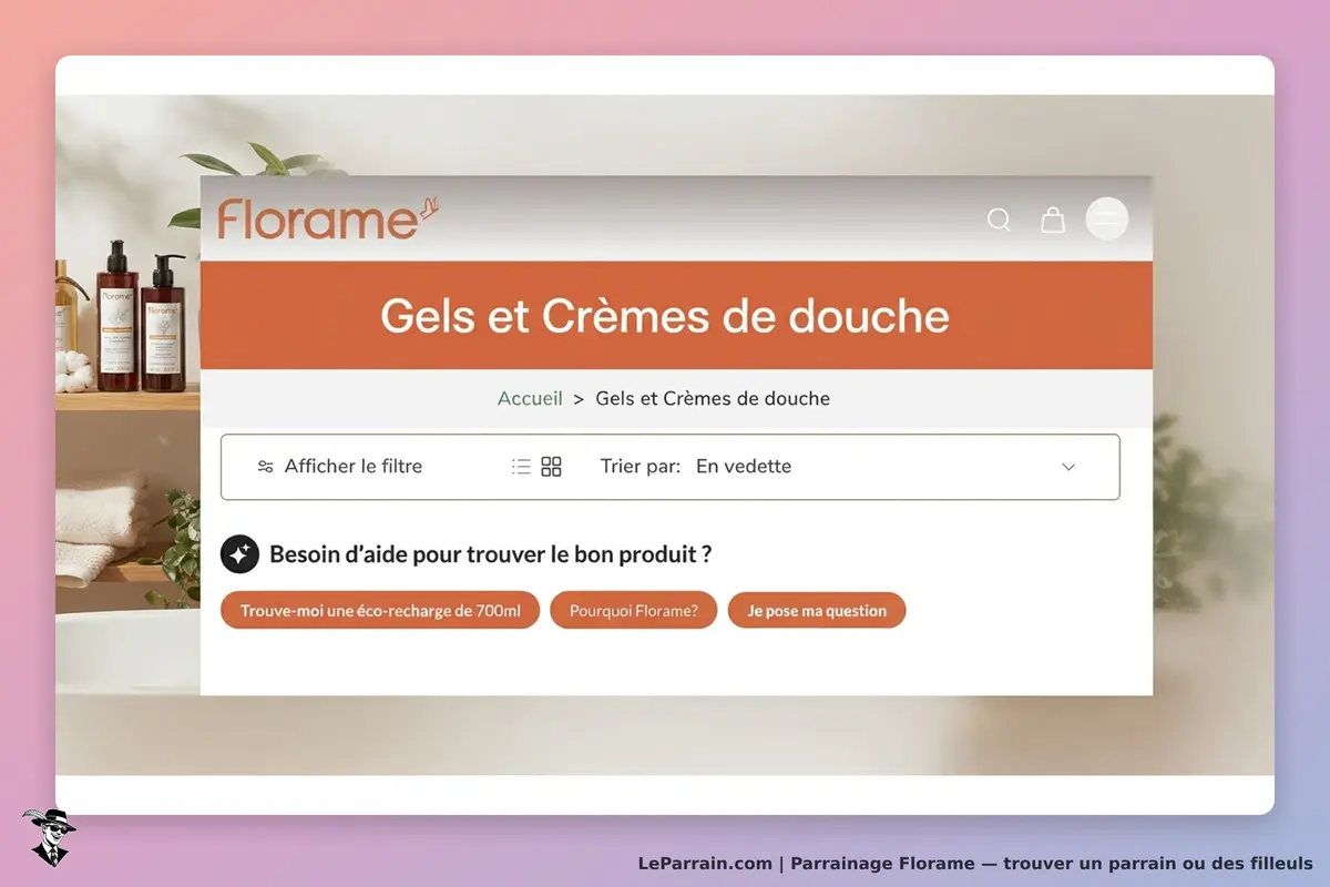 Florame : page d'accueil des gels et crèmes de douche avec options de filtrage et d'aide