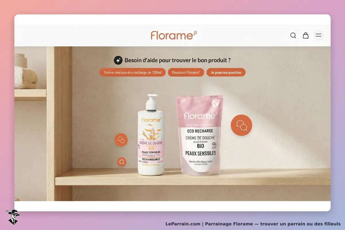 Florame : page d'accueil présentant une crème de douche et son éco-recharge sur une étagère