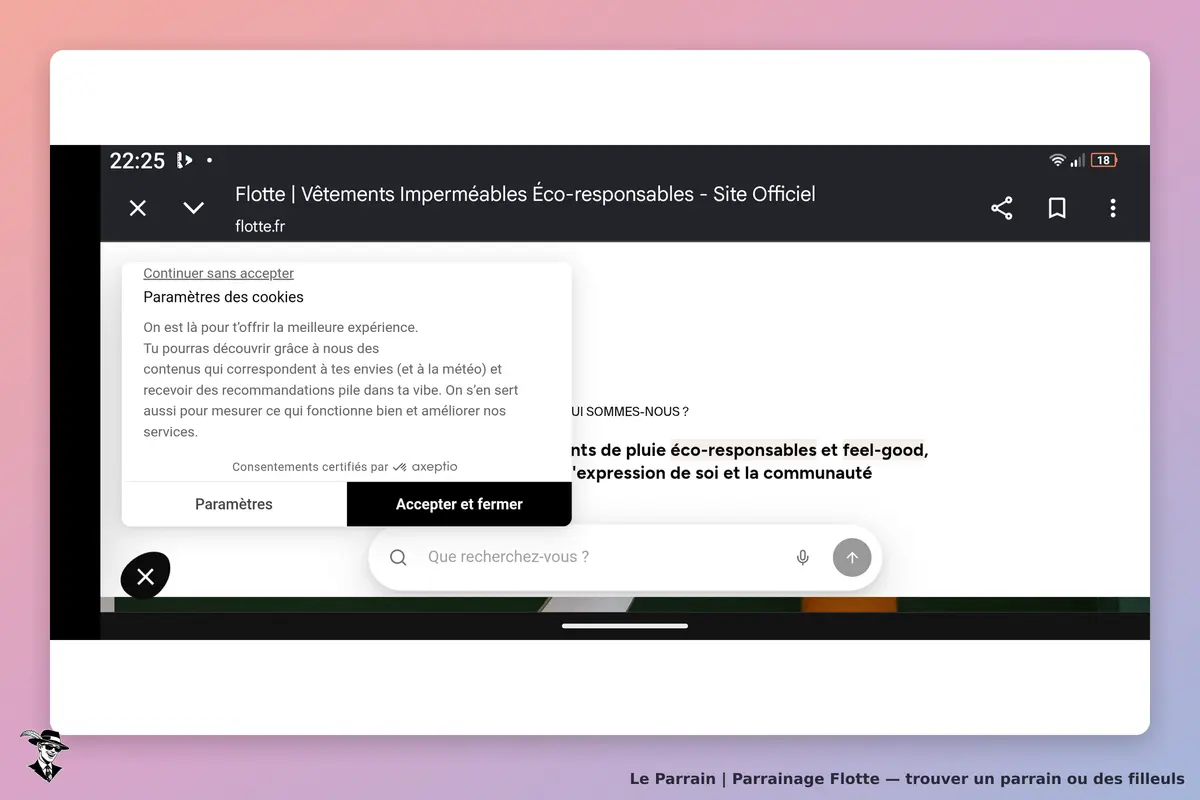 Flotte : page d'accueil avec un bandeau de consentement aux cookies affiché en surimpression