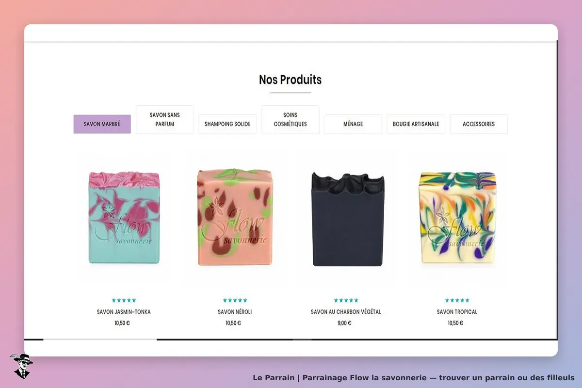 Flow la savonnerie : présentation de divers savons colorés avec leurs noms et étoiles de notation