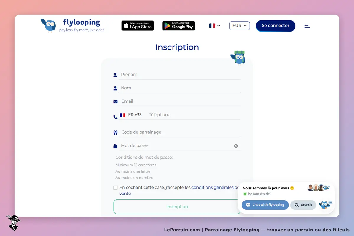 Flylooping : formulaire d'inscription avec champs pour prénom, nom, email et mot de passe