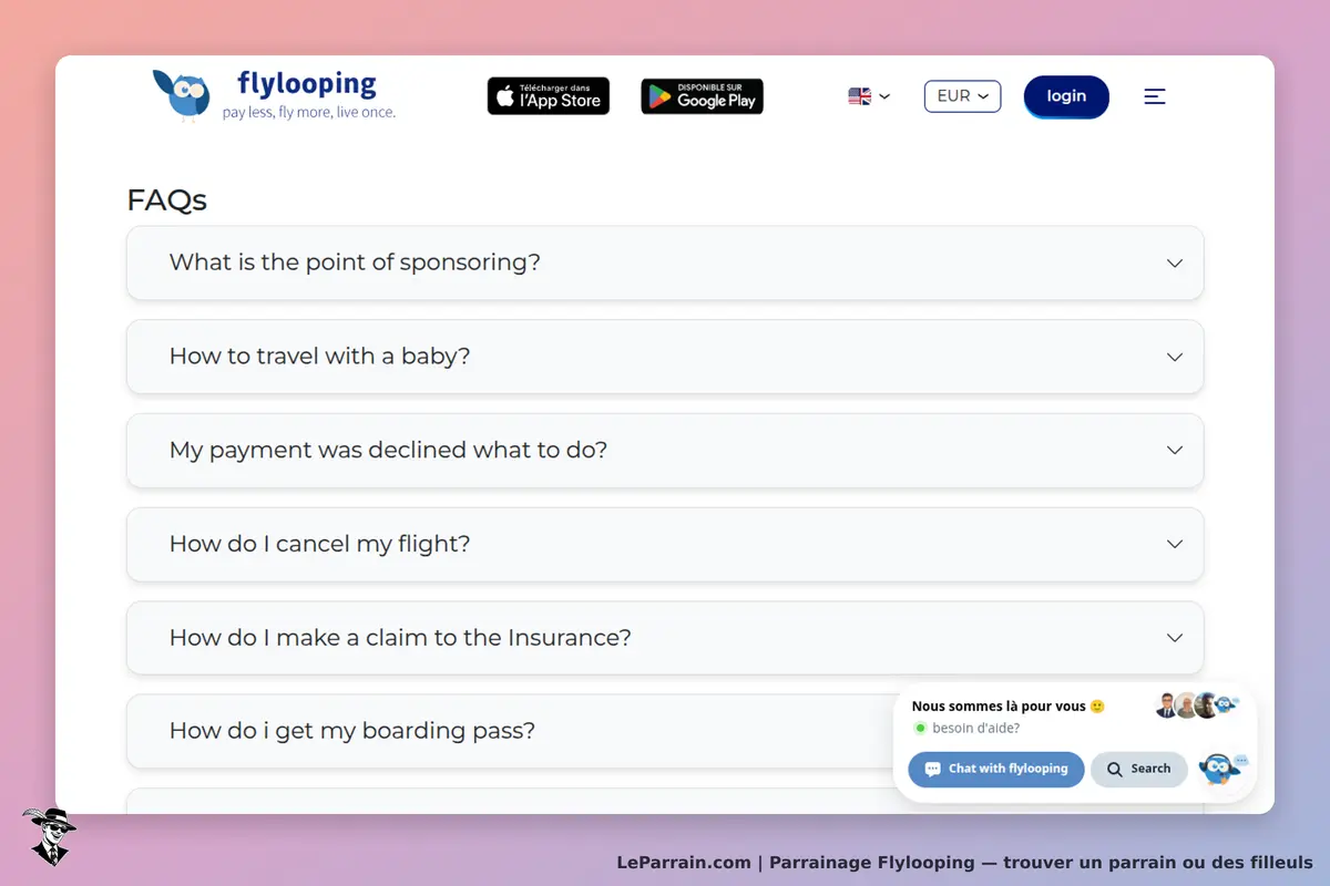 Flylooping : section FAQ avec plusieurs questions sur le voyage et le service client