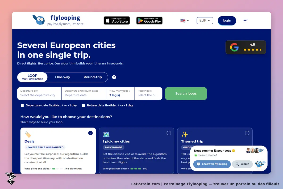 Flylooping : page d'accueil avec options de vol et formulaire de sélection de destinations
