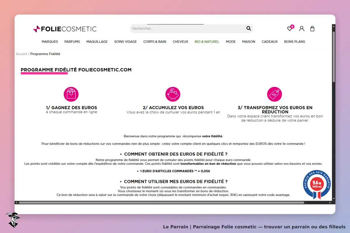 FOLIE COSMETIC : programme fidélité avec étapes pour gagner et utiliser des euros en réduction
