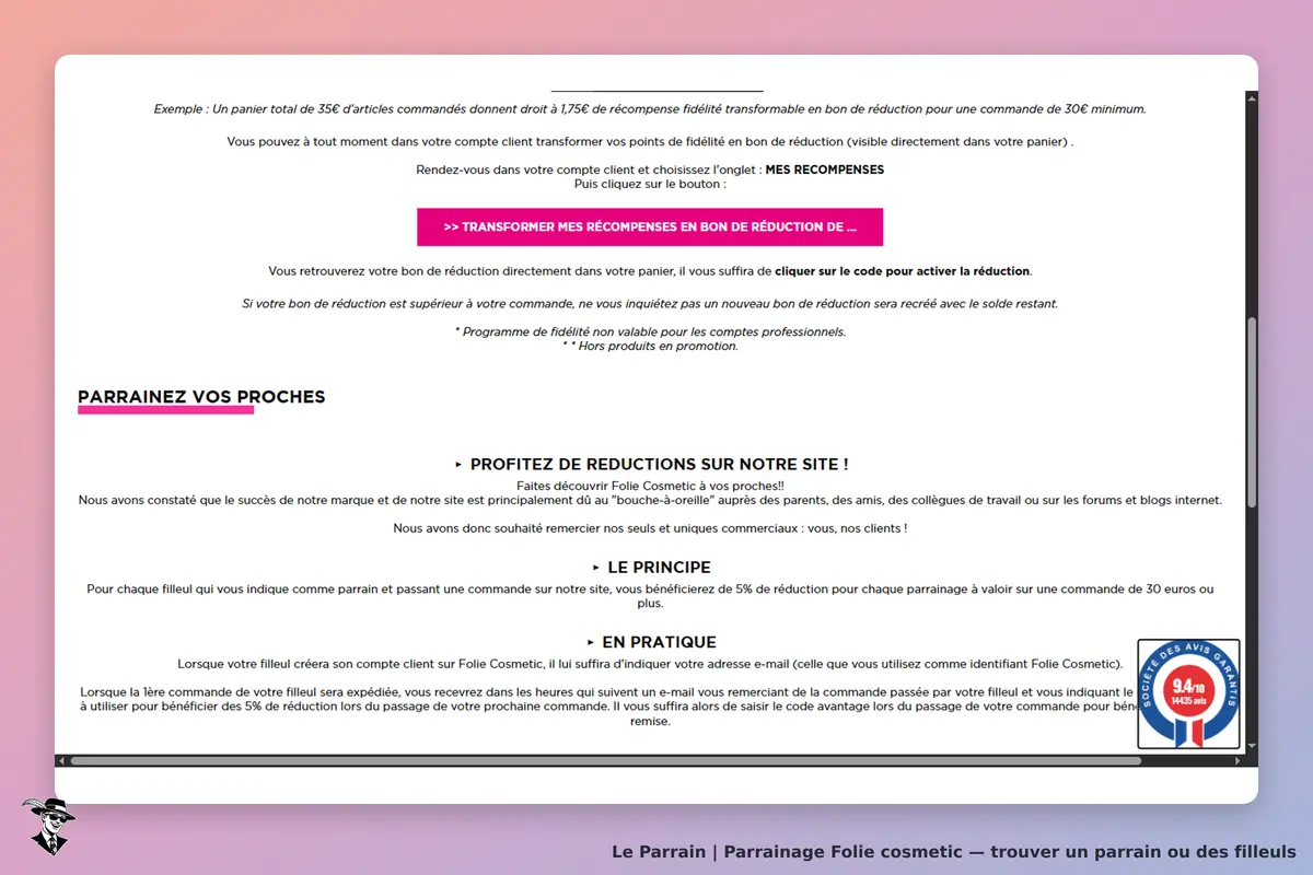 Folie cosmetic : texte explicatif sur le parrainage et les réductions pour les clients