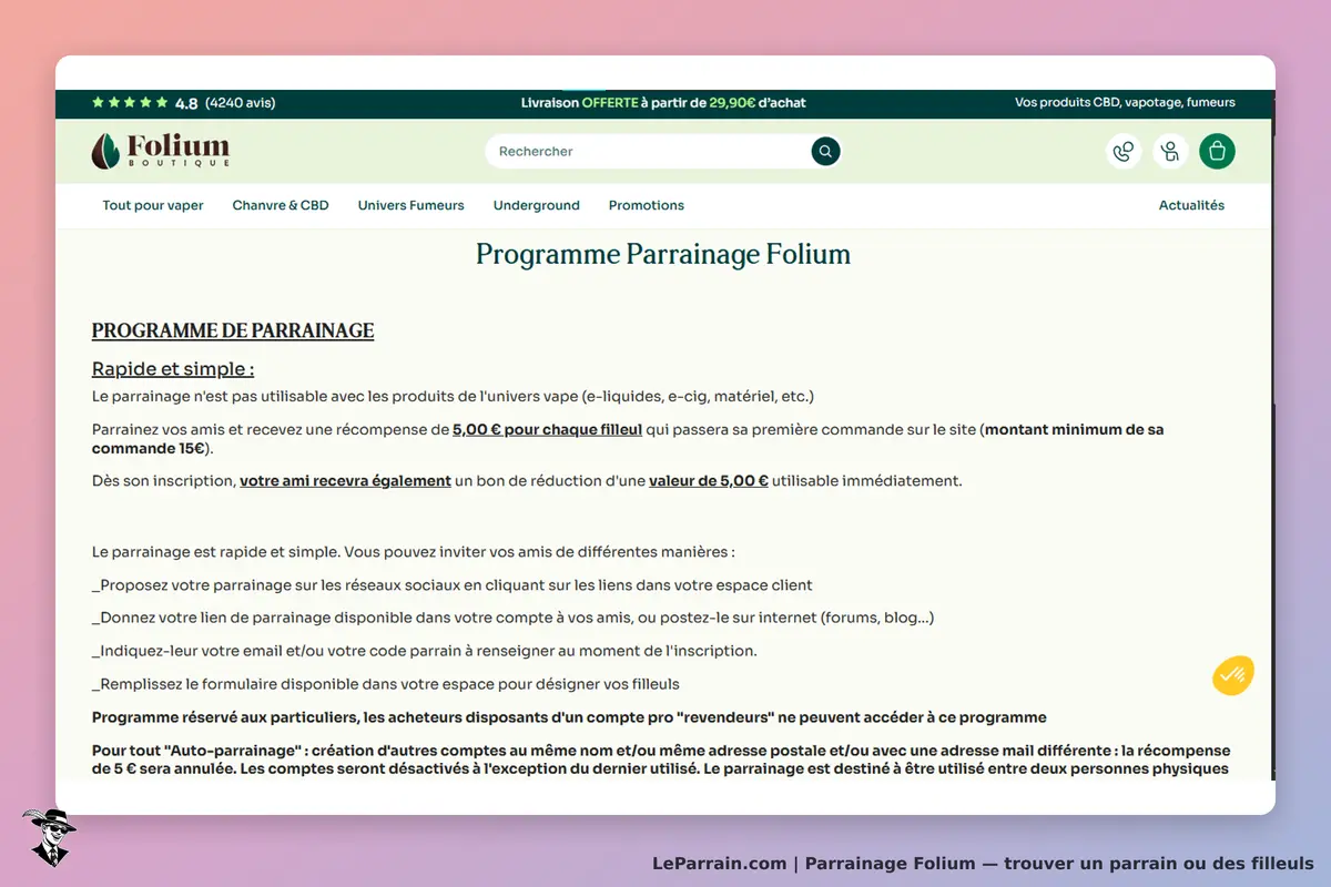 Folium : page d'accueil présentant le programme de parrainage et ses conditions