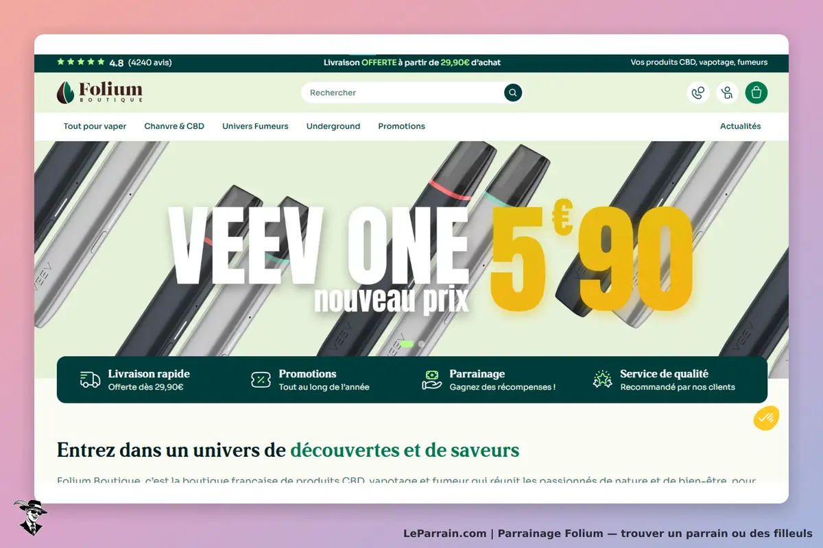Folium : page d'accueil avec des produits de vapotage et un nouveau prix pour VEEV ONE