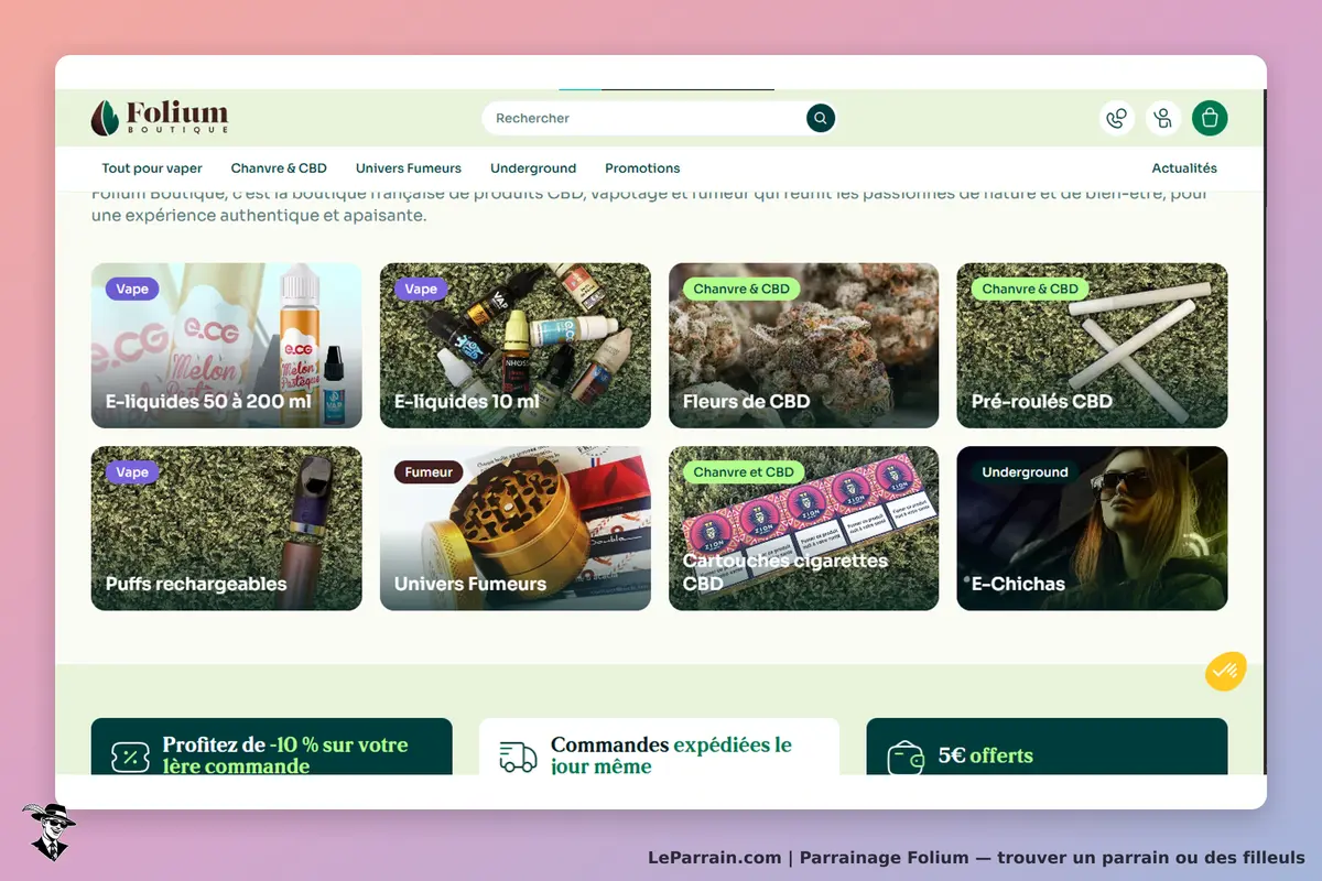 Folium : page d'accueil présentant divers produits de vapotage et CBD en vignettes colorées