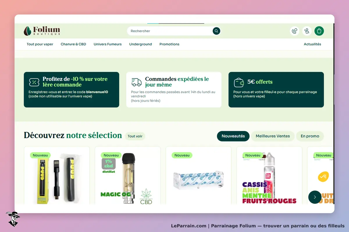 Folium : page d'accueil avec promotions et sélection de produits CBD et accessoires pour vaper