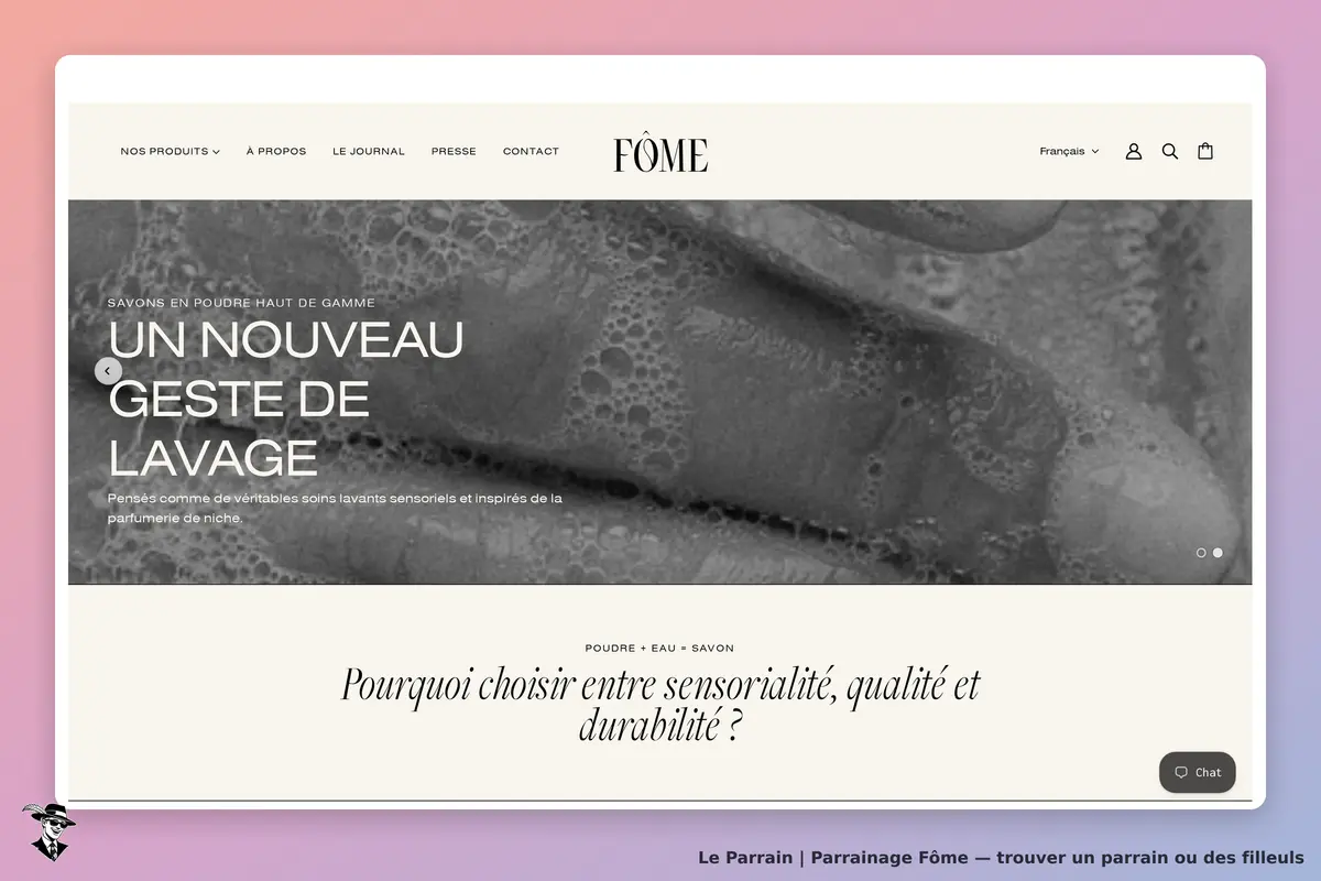 Fôme : page d'accueil avec un savon en poudre et un message sur le lavage