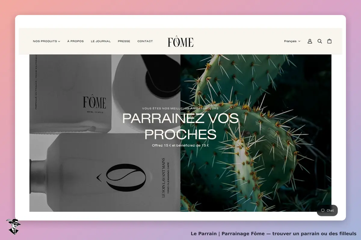 Fôme : page d'accueil avec produits et message sur le parrainage de proches