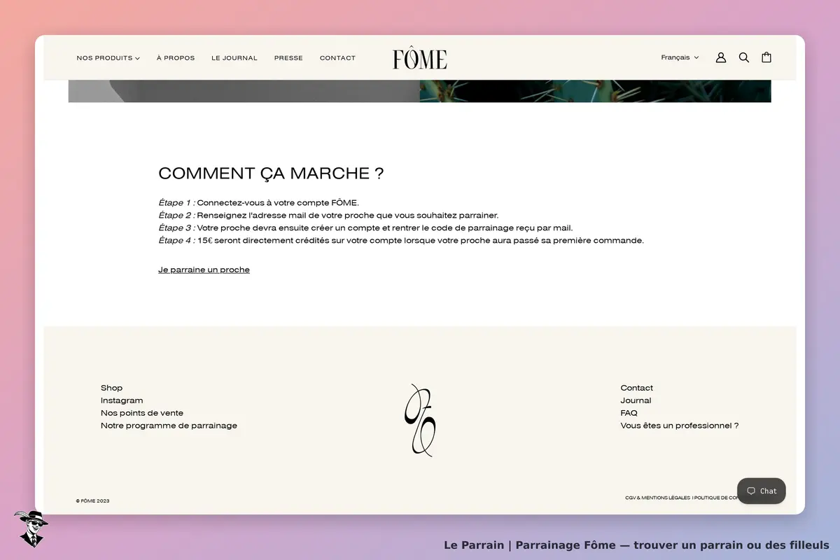 Fôme : explication des étapes pour parrainer un proche sur la page d'accueil