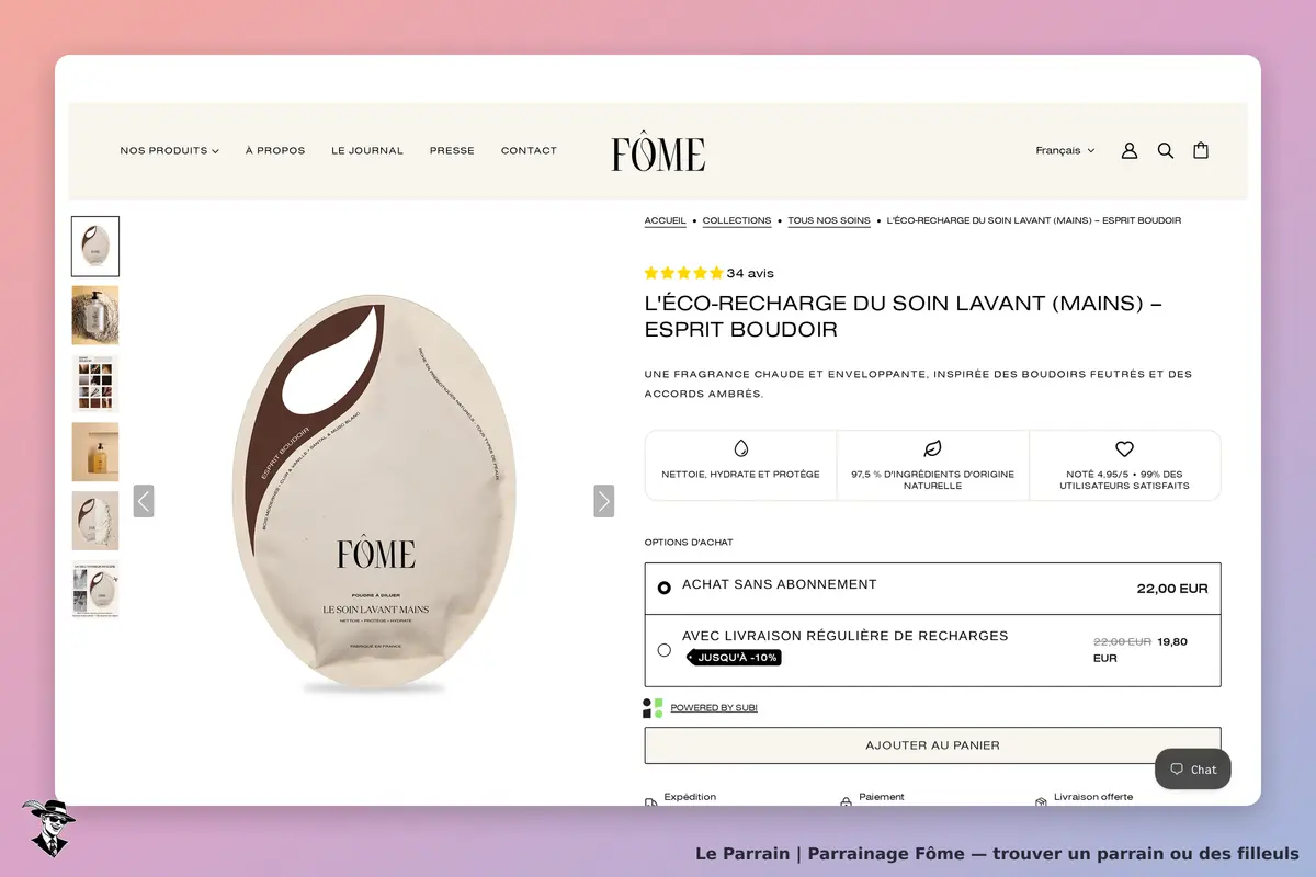 Fôme : page produit avec éco-recharge de soin lavant mains et options d'achat affichées