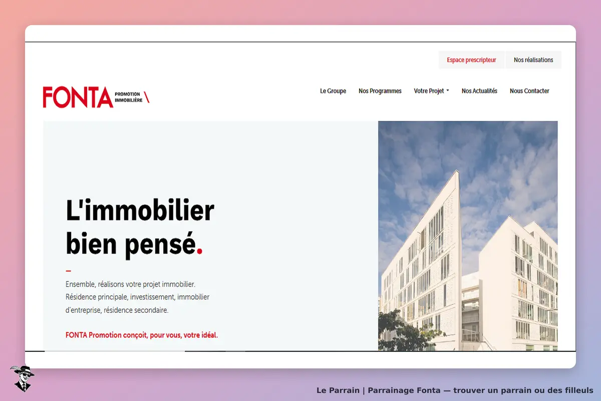 FONTA : page d'accueil présentant un projet immobilier avec un bâtiment moderne et un slogan