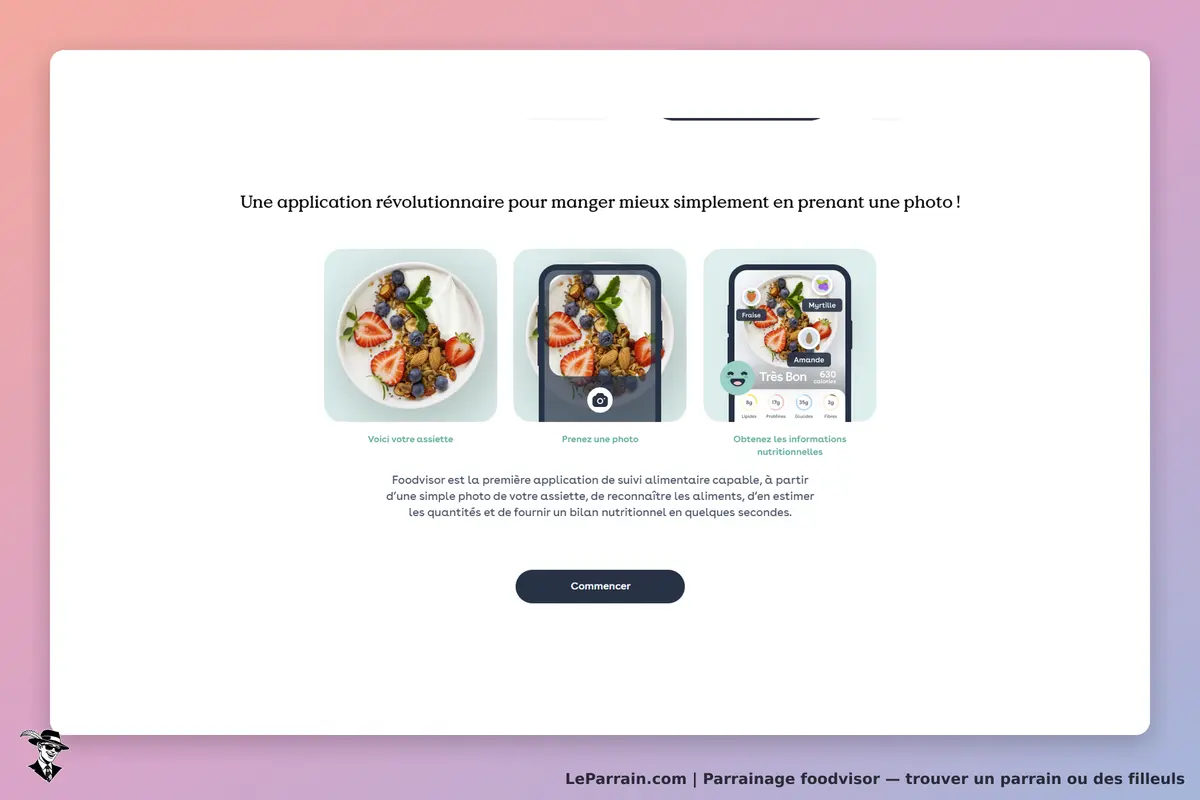 Foodvisor : page d'accueil présentant l'application et des exemples de plats à analyser