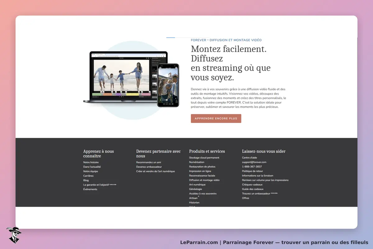 Forever : page d'accueil avec vidéo et options de montage sur ordinateur et mobile