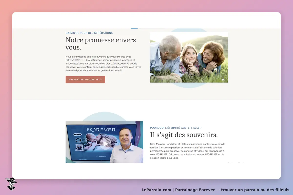 Forever : page d'accueil avec texte sur la préservation des souvenirs et images de familles