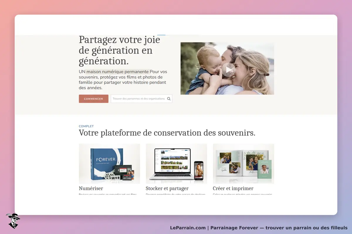 Forever : page d'accueil présentant des services de conservation des souvenirs et un formulaire