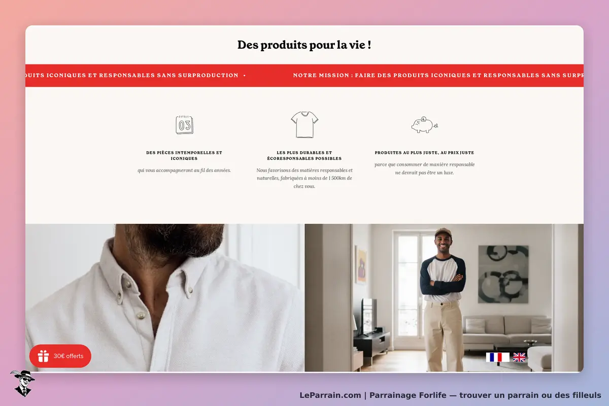 Forlife : page d'accueil présentant des produits responsables et des valeurs éthiques