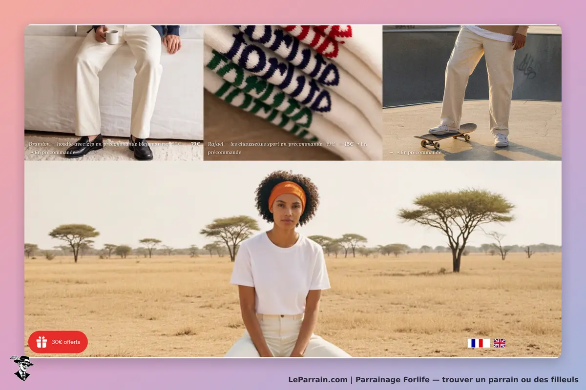 Forlife : page d'accueil avec divers produits de mode et un paysage africain en arrière-plan
