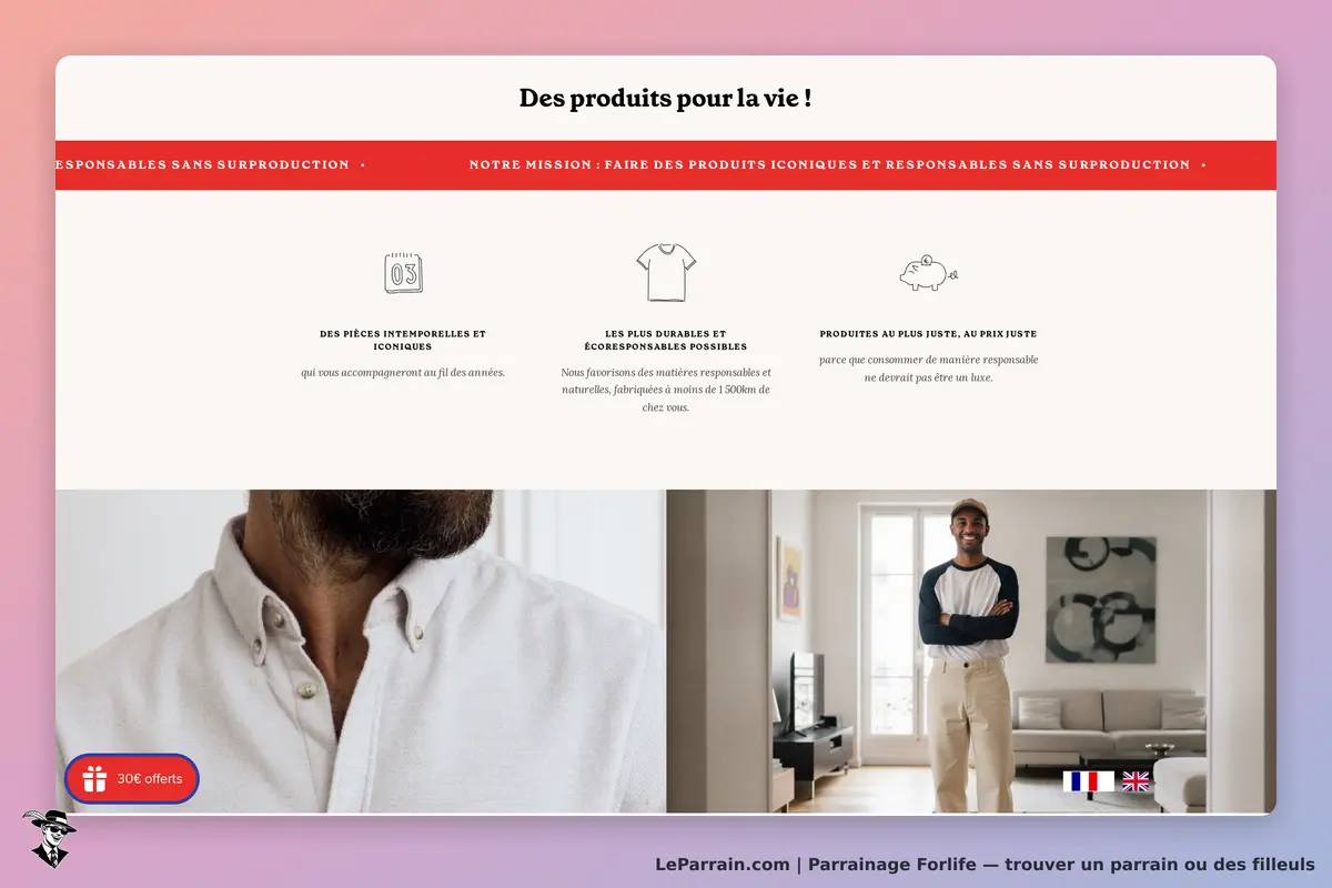 Forlife : section présentant des produits iconiques et responsables avec images de vêtements