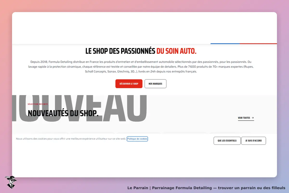 Formula Detailing : page d'accueil présentant des produits pour le soin automobile et nouveautés
